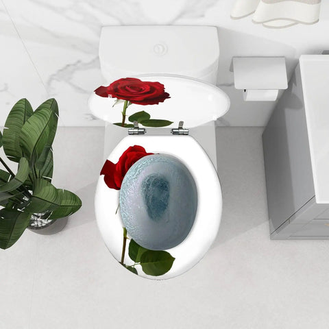 Round Toilet Seat Decor for Home Bathroom with red rose design, fits standard toilets, 14.5" x 16.5" size.