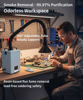 Man using H13 HEPA Filter Fume Extractor for 3D Printers and Laser Engravers, low noise smoke purifier capturing VOCs in workshop