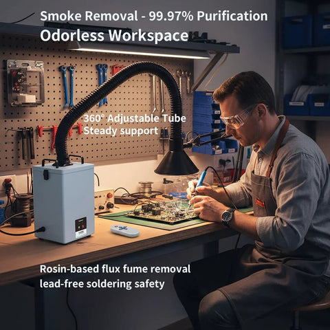 Man using H13 HEPA Filter Fume Extractor for 3D Printers and Laser Engravers, low noise smoke purifier capturing VOCs in workshop