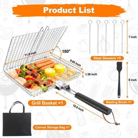 Outdoor Grill Basket For Barbecue Lovers With Removable Handle Portable BBQ Set And Rack For Shrimp Pork Veggies Includes Brush Metal