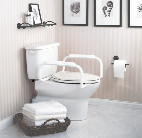 Bathroom with Glacier White Toilet Grab Bar For Safety And Independence, Senior Bathroom Rails That Hold Up To 250 Lbs, Easy Install.