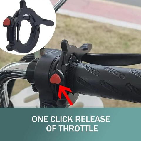 Universal Motorcycle Throttle Cruise Control And Easy Push Boost Lock With Slick Silicone Grip Ring close-up on handlebar.