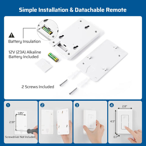 Wireless Remote Light Switch Kit With Expandable Wall Modules No Wiring Required shown with installation and screws