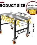 Stainless Steel Expandable Roller Conveyor Packs Hella Tough 900 Pound Load Capacity Adjustable Length And Height For Warehouses showing product size dimensions 127 cm length, 76 cm height, and 64 cm width.