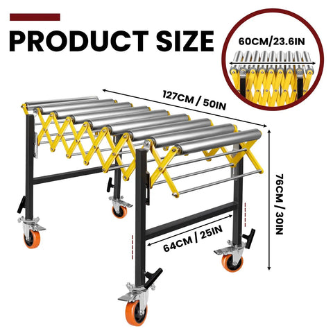 Stainless Steel Expandable Roller Conveyor Packs Hella Tough 900 Pound Load Capacity Adjustable Length And Height For Warehouses showing product size dimensions 127 cm length, 76 cm height, and 64 cm width.