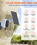 Solar Powered Outdoor Security Camera With 2.5K Color Night Vision, AI detection, solar panel, mounted on wall with icons