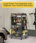 Heavy Duty Garage Tool Cart With Charging Station And Built In Organizer in garage setting with tools and charging devices.