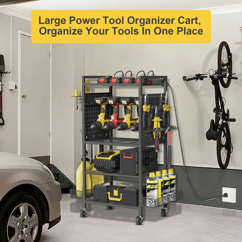 Heavy Duty Garage Tool Cart With Charging Station And Built In Organizer in garage setting with tools and charging devices.