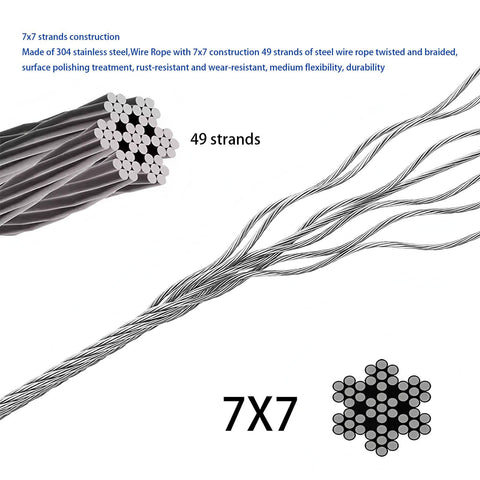 7x7 strand core of One Sixteenth Inch Stainless Steel Wire Rope Aircraft Cable With Crimping Pliers Kit, 49 strands detail.