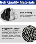 Close-up of black carbon steel T-nut, smooth surface with 4 prongs, labeled as rust-resistant and durable, highlighting quality materials.