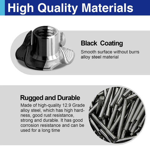 Close-up of black carbon steel T-nut, smooth surface with 4 prongs, labeled as rust-resistant and durable, highlighting quality materials.