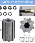 Hella Durable Manual Hydraulic Hose Crimper With Seven Die Sets For Auto Mechanics And Garage Builds Using One Quarter To One Inch Wire Reinforced Tubing showing seven molds and dimensions.