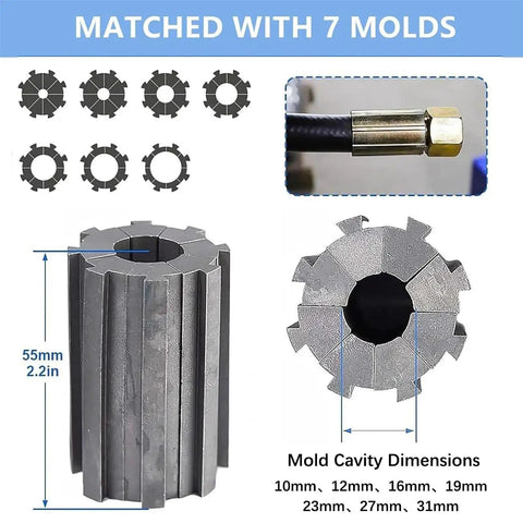 Hella Durable Manual Hydraulic Hose Crimper With Seven Die Sets For Auto Mechanics And Garage Builds Using One Quarter To One Inch Wire Reinforced Tubing showing seven molds and dimensions.