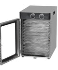 Zero Headache Electric Food Dehydrator With 12 Stainless Steel Trays and a Dope 1200 Watt Motor, open door showing trays.