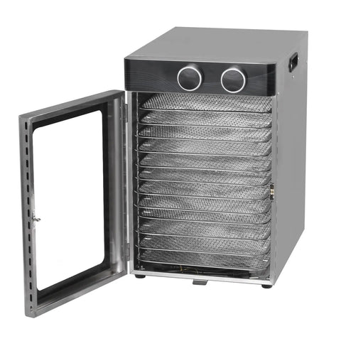 Rock Hard Electric Food Dehydrator With 12 Sturdy Trays And A Roaring 1200 Watt Motor, open showing mesh trays and stainless steel design.