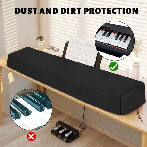 Stretchable Dust Cover For 88 Key And 61 Key Digital Pianos Protective Keyboard Cover To Keep Dust Dirt Debris Off Your Keys Must Have Piano Accessory For Everyday Gigging And Home Use covering a keyboard on a wooden table with sunny window backdrop.