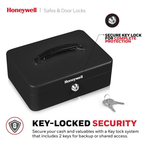 Compact Cash Box With Removable Money Tray And Under Tray Storage Five Coin Slots Durable Metal Safe With Key Lock Ideal For Home Office Black 0.14 Cu Ft Saving Money Lock Box, shown with keys on white background.