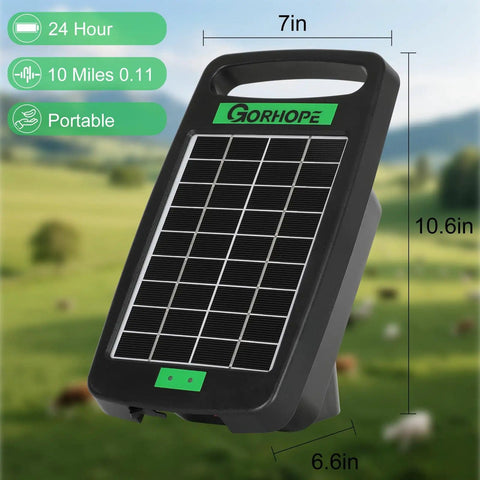 Go To Solar Fence Charger Energizer With 0.11J Output 5 Mile Range, portable solar-powered black fence charger on farm background.