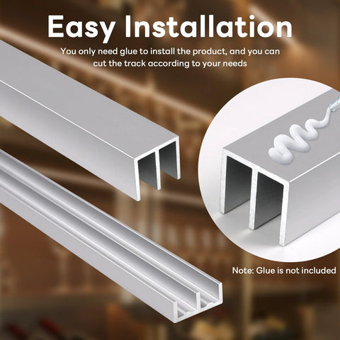 Metal Sliding Door Track Set For One Quarter Inch Thick Panels Ideal For Glass Cabinet Doors And Windows, 36 Inch Long By 0.79 Inch Wide, Silver Finish, Rustproof Aluminum Construction, Smooth Quiet Operation And Easy Installation, shown with glue application.