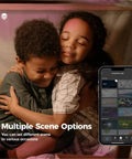 Children hugging in dim light with app controlling Candelabra LED Bulbs RGB Color Changing Smart Bulbs E12 visible on phone screen.