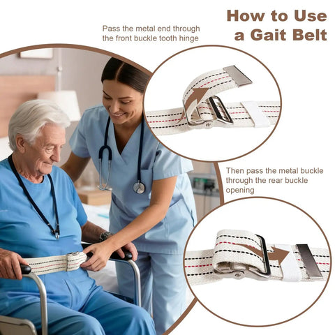 Nurse assisting senior with 60 Inch Gait Belt For Seniors And Elderly Caregivers showing metal buckle and fabric during patient handling.