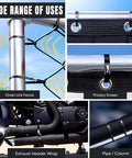 Image showing Heavy Duty Metal Zip Tie Gun Kit With 100 UV Resistant 11.8 Inch Stainless Steel Cable Ties used on various applications like chain link fences, exhaust pipes, privacy screens, and pipes.