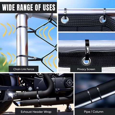 Image showing Heavy Duty Metal Zip Tie Gun Kit With 100 UV Resistant 11.8 Inch Stainless Steel Cable Ties used on various applications like chain link fences, exhaust pipes, privacy screens, and pipes.