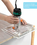 Premium 8mm Thick Acrylic Router Table Insert Plate For Woodworking in use with trimmer, measuring setup on wooden surface.