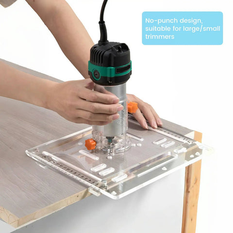 Premium 8mm Thick Acrylic Router Table Insert Plate For Woodworking in use with trimmer, measuring setup on wooden surface.