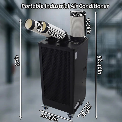 Beat The Sweat Heavy Duty Portable Air Conditioner 15400 BTU with flexible vents and dimensions in an industrial setting.