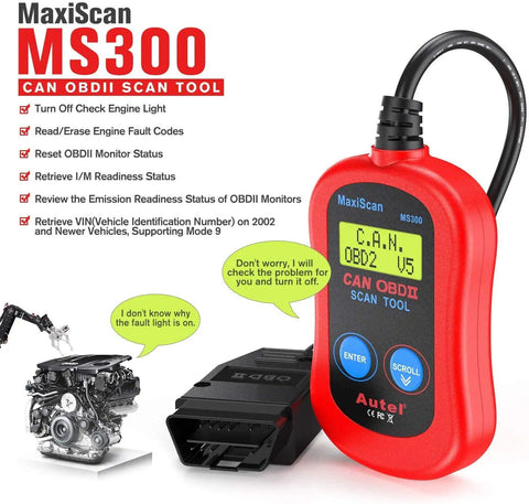 MS300 OBD2 Scanner Code Reader for Cars and Trucks, Plug and Play CAN Diagnostic Tool with instructions and features shown