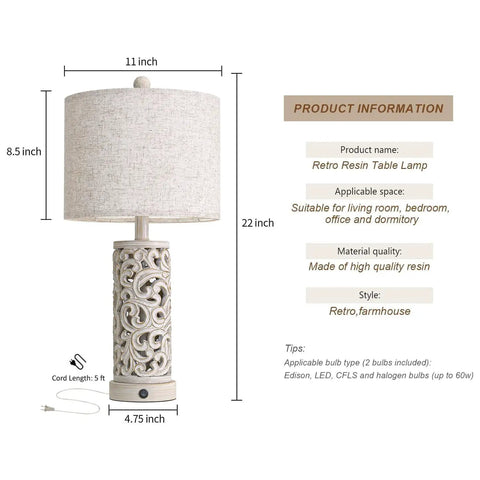 Retro resin table lamp with intricate design, linen shade, 22 inches tall, suitable for living room, bedroom, office.