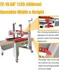 Full Automatic Carton Sealer And Box Packing Machine With Adjustable Belt Drive For Lightning Fast Packing Runs showing adjustable width and height mechanisms.
