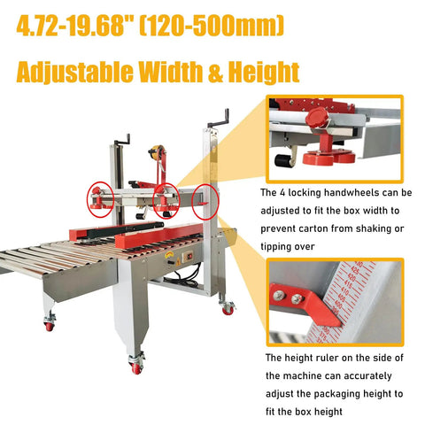 Full Automatic Carton Sealer And Box Packing Machine With Adjustable Belt Drive For Lightning Fast Packing Runs showing adjustable width and height mechanisms.