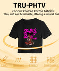 Black tee with cartoon character design, showcasing Full Color Printable Heat Transfer Vinyl For Tees, 20 Sheets 8.5x11 Inkjet Printer Ready.