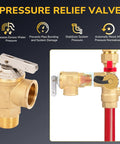 Built Tough Tankless Water Heater Service Valve Kit With Three Quarter Inch IPS Isolator Set showcasing pressure relief valve for added safety.