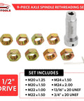 BILITOOLS 9-piece axle spindle rethreading kit with gold zinc-coated thread chasers for M20–M24 and UNF 13/16–3/4 in; 1/2 in drive.