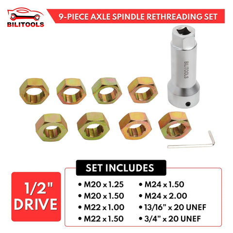 BILITOOLS 9-piece axle spindle rethreading kit with gold zinc-coated thread chasers for M20–M24 and UNF 13/16–3/4 in; 1/2 in drive.