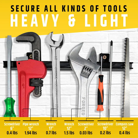 12 Inch Heavy Duty Magnetic Tool Holders 4 Pack 48 Inches Total Length Upgraded Strong Magnets That Never Lose Grip Built Tough Holds Heavy Tools Perfect For Workshop Garage Tool Bars And Strips Organizer displaying various tools.