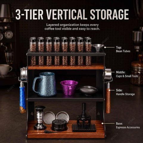 Level Up Your Daily Grind With This Wall Mounted Coffee Bean Storage Tube Set Featuring Twelve Single Dose Espresso Vials designed for organized coffee tools.