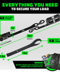 Heavy Duty Ratchet Straps Set 1 Inch X 15 Feet 4 Pack With Safety S Hooks 1,823 Lb Break Strength product layout and storage bag