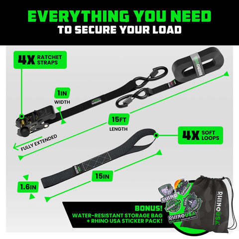 Heavy Duty Ratchet Straps Set 1 Inch X 15 Feet 4 Pack With Safety S Hooks 1,823 Lb Break Strength product layout and storage bag
