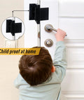 Child reaching for a door handle with Built Tough Door Security Lock Zinc Alloy Reinforcer Plate Kick Proof Privacy Latch.