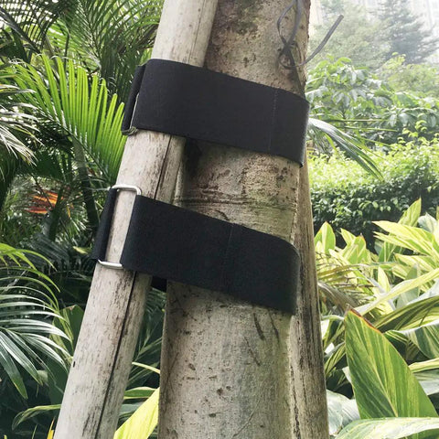Six Pack 18 Inch By 2 Inch Nylon Heavy Duty Reusable Hook And Loop Cinch Straps securing objects to a tree