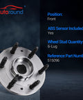Front Wheel Hub And Bearing Assembly Set For 4x4 4WD Chevy Tahoe Suburban Silverado Avalanche GMC Yukon XL Sierra 1500 Cadillac Escalade ESV EXT 2007 To 2014, 6-lug, ABS sensor, front view.