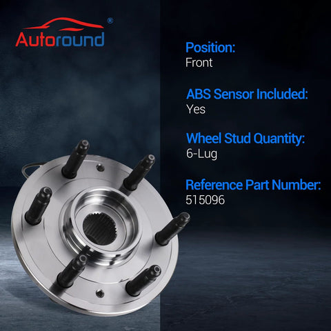 Front Wheel Hub And Bearing Assembly Set For 4x4 4WD Chevy Tahoe Suburban Silverado Avalanche GMC Yukon XL Sierra 1500 Cadillac Escalade ESV EXT 2007 To 2014, 6-lug, ABS sensor, front view.