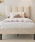 Twin Size Bed Frame Featuring Extra Thick Velvet Upholstered Headboard And Heavy Duty Hardwood Slats Pale Beige Platform Mattress Base with pillows and decor