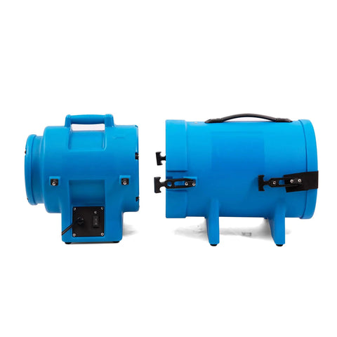 Side view of 8 Inch 1/3 HP High Pressure Axial Blower Fan For Ventilation With 25 Foot Hoses And Canister Delivers 1000 CFM Beastly Airflow