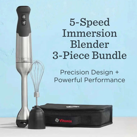 Total Kitchen Badass Five Speed Immersion Blender Bundle With Easy Swap Whisk And Rugged Storage Case 625 Watt Heavy Duty Hand Mixer showcased with whisk tool and storage case.
