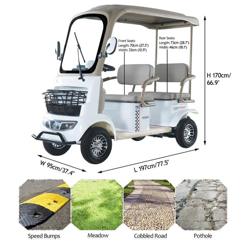 Chill Four-Seater Electric Golf Cart With Massive Storage Trunk And 800W Motor shown with dimensions, ideal for smooth rides on any terrain.